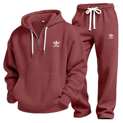 Aldren Men's Waffle Knit Half-Zip Hoodie and Joggers Tracksuit Set