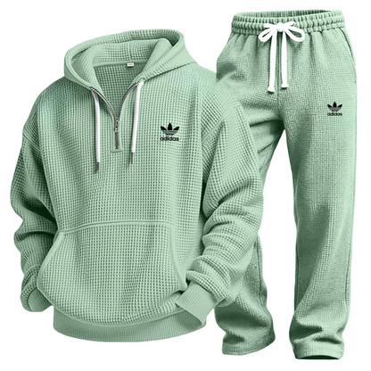 Aldren Men's Waffle Knit Half-Zip Hoodie and Joggers Tracksuit Set