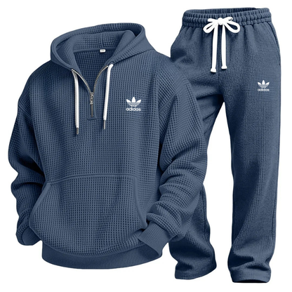 Aldren Men's Waffle Knit Half-Zip Hoodie and Joggers Tracksuit Set