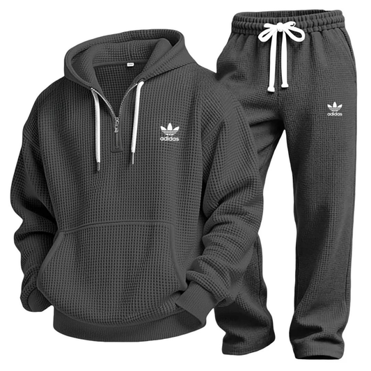 Aldren Men's Waffle Knit Half-Zip Hoodie and Joggers Tracksuit Set