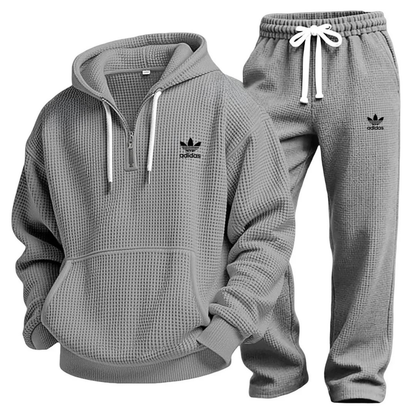 Aldren Men's Waffle Knit Half-Zip Hoodie and Joggers Tracksuit Set