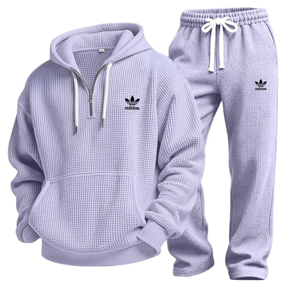 Aldren Men's Waffle Knit Half-Zip Hoodie and Joggers Tracksuit Set