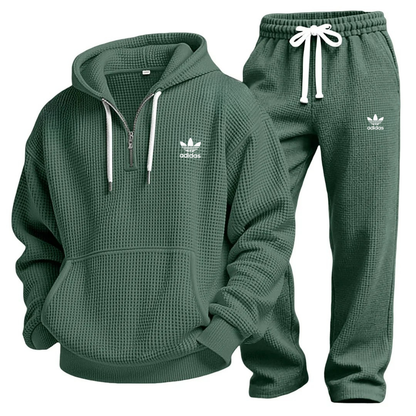 Aldren Men's Waffle Knit Half-Zip Hoodie and Joggers Tracksuit Set