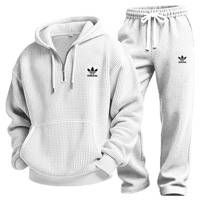 Aldren Men's Waffle Knit Half-Zip Hoodie and Joggers Tracksuit Set