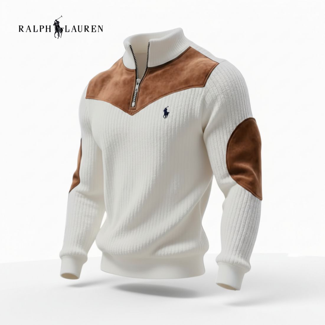 Men's Ribbed Quarter Zip Sweater with Suede Details