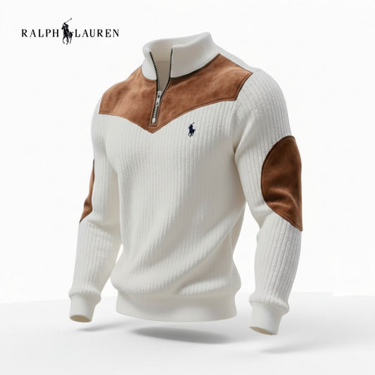 Men's Ribbed Quarter Zip Sweater with Suede Details
