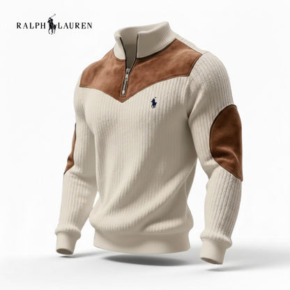 Men's Ribbed Quarter Zip Sweater with Suede Details