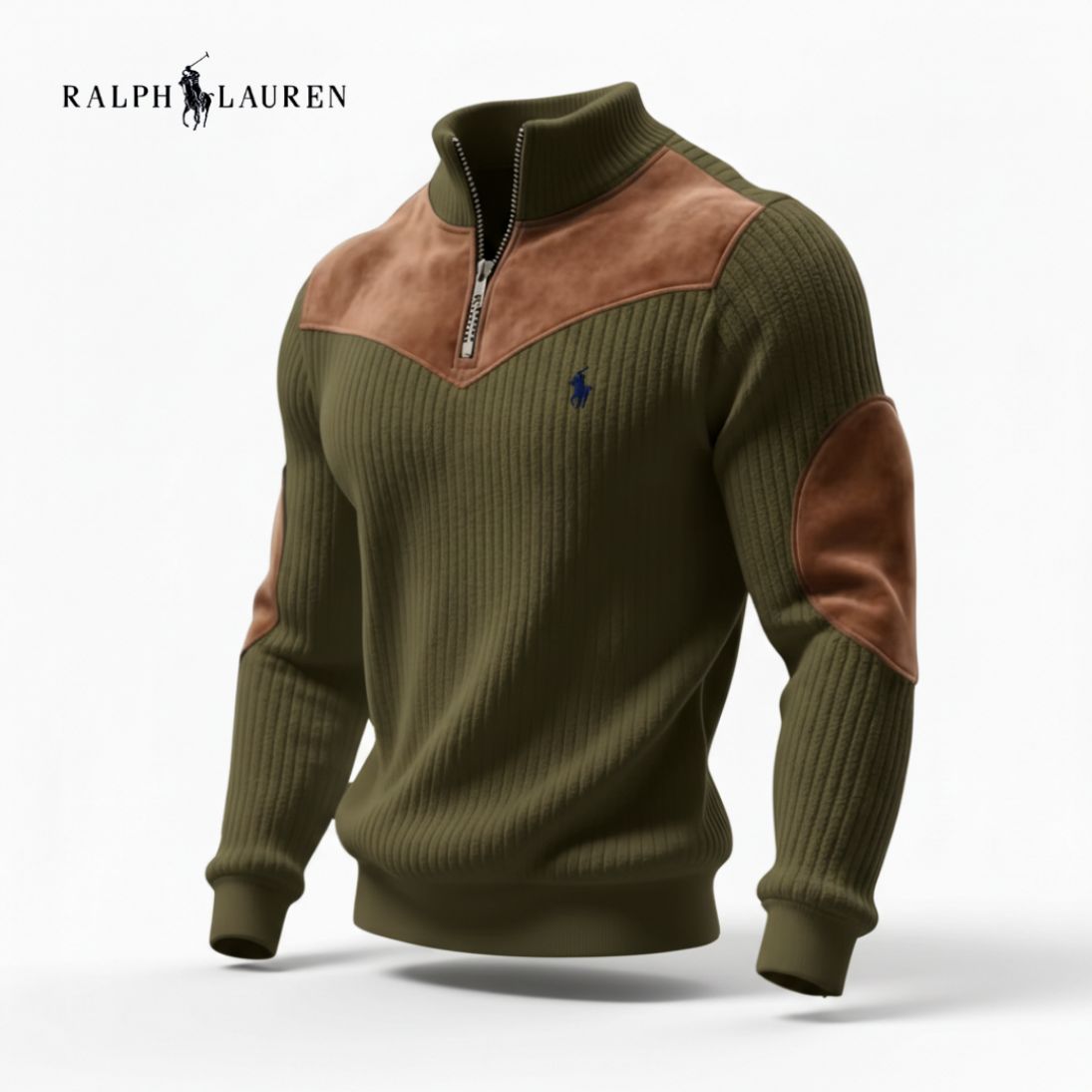 Men's Ribbed Quarter Zip Sweater with Suede Details