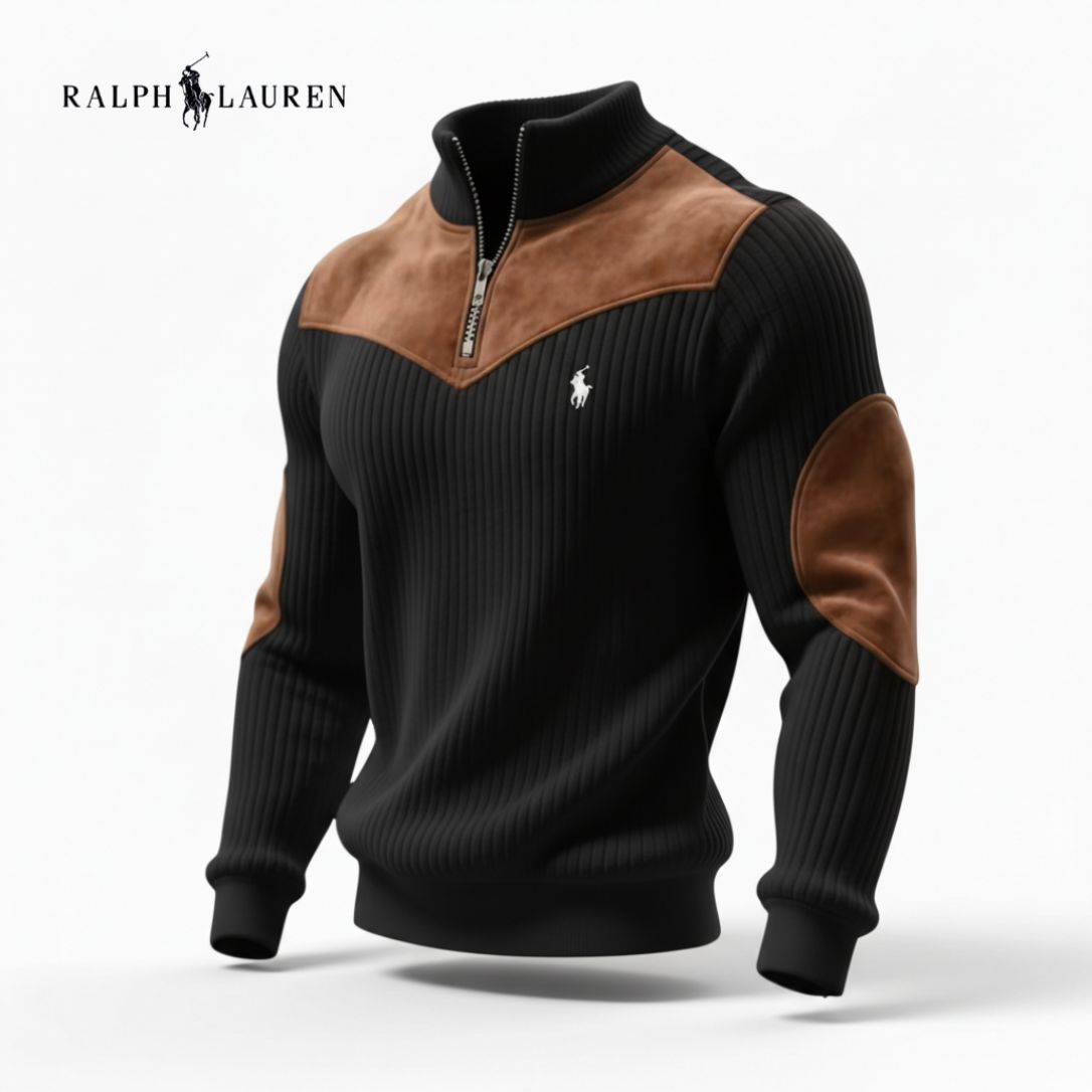 Men's Ribbed Quarter Zip Sweater with Suede Details